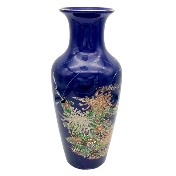 Coming Soon! Kintsugi Vase 12” Cobalt Floral Japanese Gold Crack Growth Gift - Picture 4 of 7